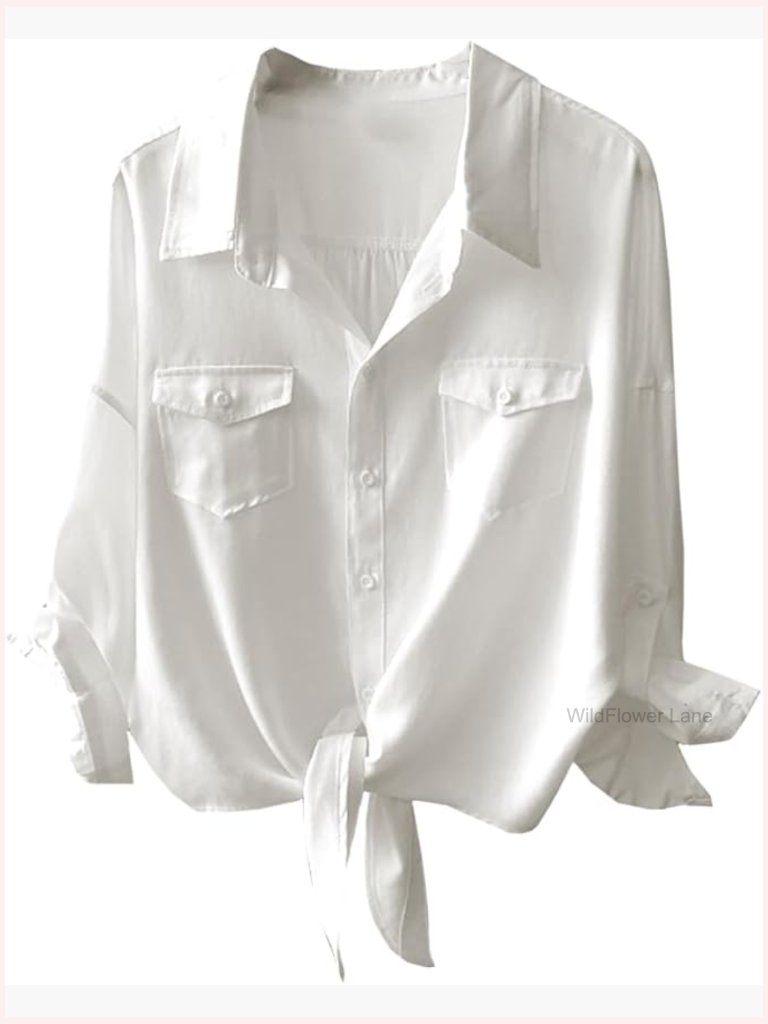 V Neck 3/4 Sleeve Tie Front Button Down Blouse Loose Fit Office Top